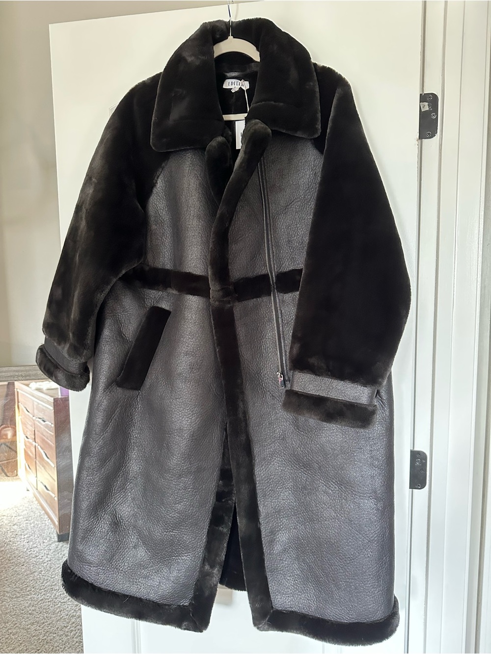 Edikted Black Faux Shearling Long Trench Coat